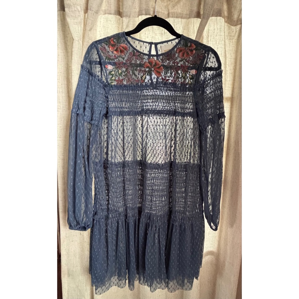 Maeve Anthropologie Navy Blue Swiss Dot Embroidered Floral Mesh Mini Dress XS